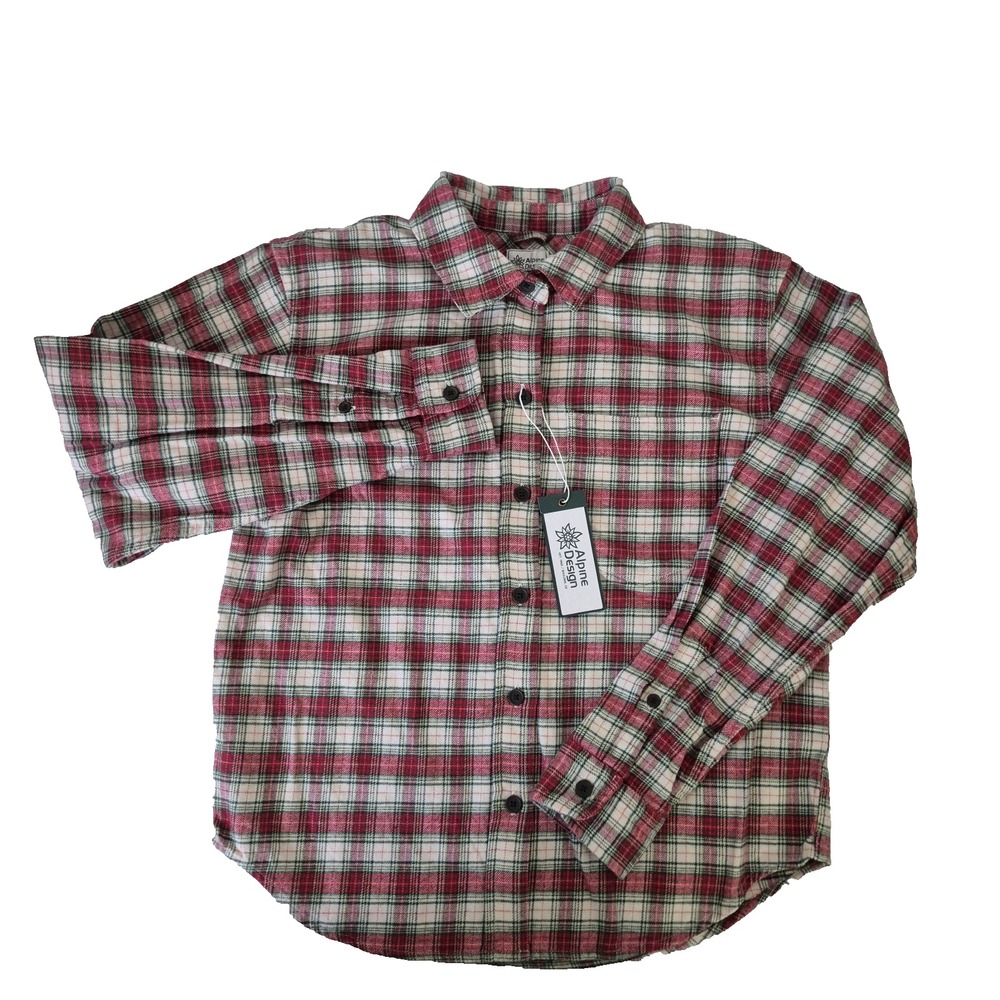 Alpine Design Shirt Womens S Red/Cream Sky Pond Plaid Hike Midweight Flannel NEW